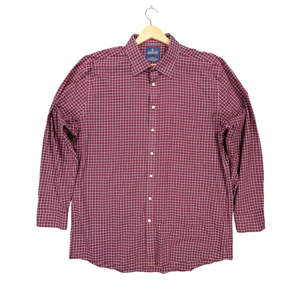 Stafford Dress Shirt Mens 17.5 34-35 Burgundy Excellent Fitted Plaid